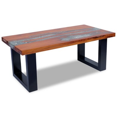 Rustic Teak and Mango Wood Coffee Table with Resin Inlay