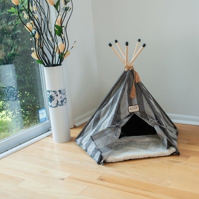 Gray Striped Teepee Style Small Cat Bed with Fiberfill