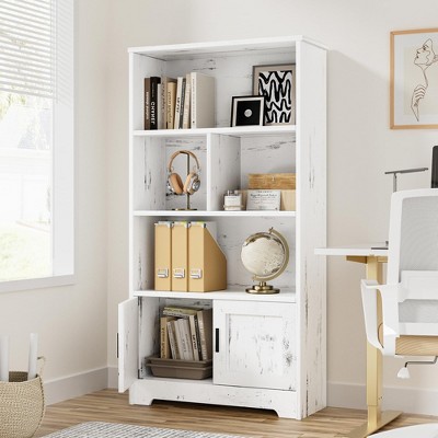 Wood Bookcase with Doors White Bookshelf with LED Lights Modern Storage Rack 3 Shelf Standing Bookshelves