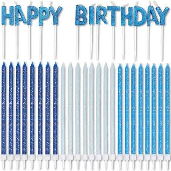 Blue Panda 37-Count Glitter Blue "Happy Birthday" Letters Cake Topper with Thin Candles 5-Inch & Holders