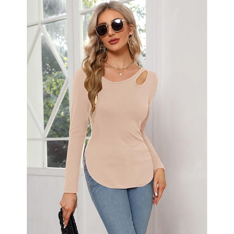 Women’s Long Sleeve Cutout Asymmetrical Neck Tshirt Slim Fit Tunic Blouse, 5 of 6
