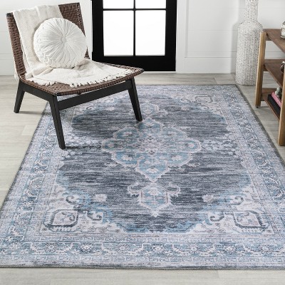 Gray and Blue Chenille Medallion Washable Area Rug