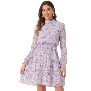 INSPIRE CHIC Women's Stand Collar Smocked Waist Sheer Sleeve Ruffle Layers Floral Chiffon Dress - 1 of 4