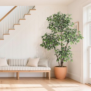 Artificial Ficus Tree,Tall Faux Floor Plant with White Tall Planter -Fake Plants for Home Decor Indoor with 3 Natural Trunks & White-Edged Leaves - 1 of 4