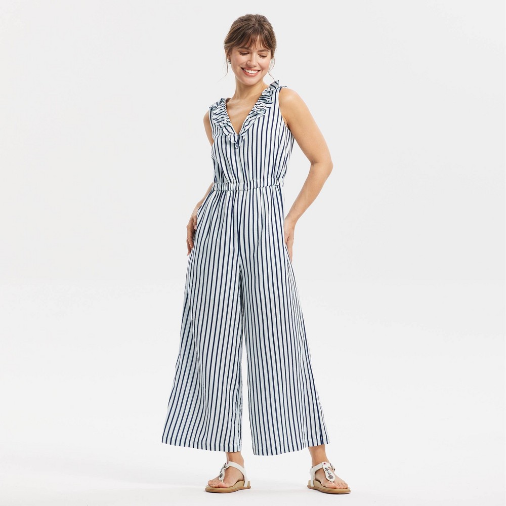 Women's Ruffle Jumpsuit - Universal Thread™ White/Navy/Aqua Blue Striped XXL