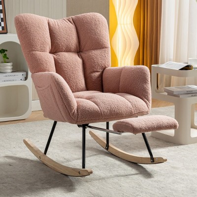 Bouclé Upholstered Rocking Chair with Adjustable Leg Rest, High Back Nursery Lounge Chair with Wood Legs – Maison Boucle