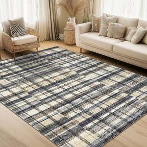 Farmhouse Plaid Area Rugs for Living Room Bedroom, Low Pile Non-Slip Modern Soft Faux Wool Carpet - 1 of 4