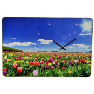 HomeRoots 24" Blue Red And Gold Solid Wood and Acrylic Silent Tulips Floral Wall Clock - 1 of 4