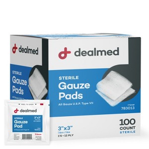 Dealmed 3   x 3   Sterile Gauze Pads (100 Count) Disposable and Individually Wrapped Medical Gauze Pads, Wound Care Product for First Aid Kit and - 1 of 1