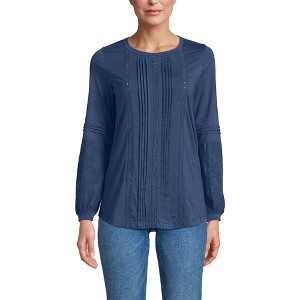 Lands' End Women's Lightweight Jersey Lace Mix Long Sleeve Pintuck Top - 1 of 4