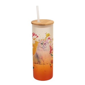 100 North 25 Ounce Frosted Glass Gradient Travel Tumbler With Straw & Wooden Lid, Persian Cat Paint Splatter Orange - 1 of 4