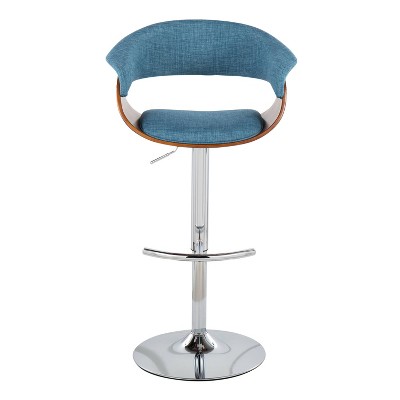 Set of 2 Blue Adjustable Swivel Bar Stools with Walnut Wood and Chrome Base