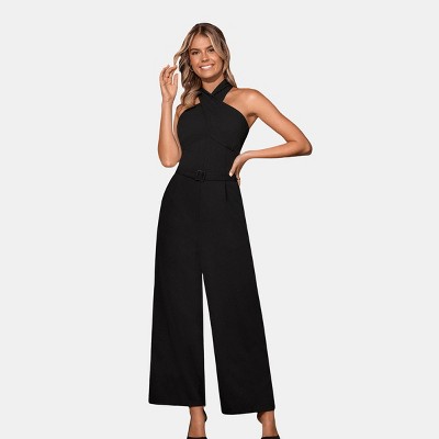 Women's Sophisticated Black Crossover Belted Halter Jumpsuit - Cupshe