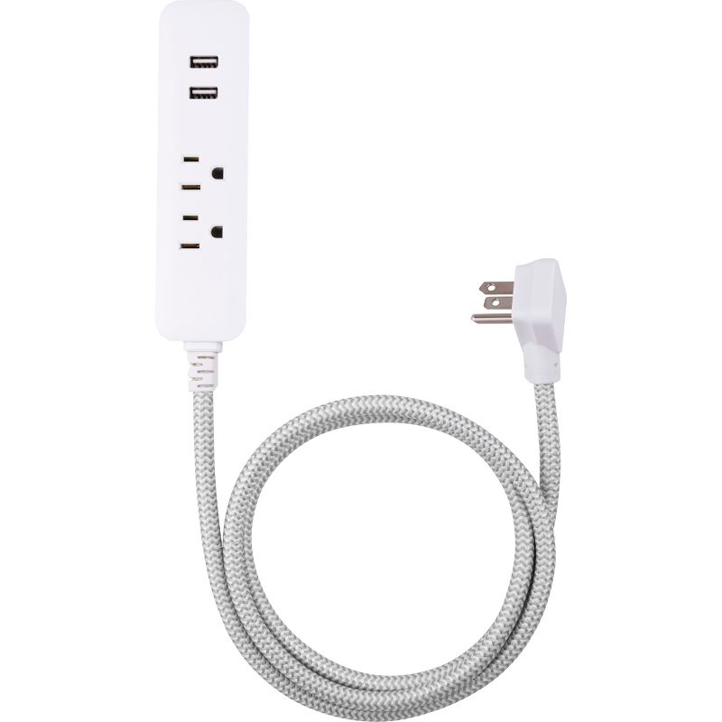 Cordinate 4&#39; 2 Outlet 2 USB 2.4A Extension Cord Braided Gray/White, 1 of 9