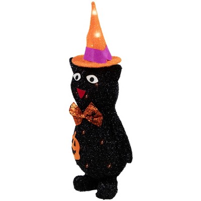 24" Pre-Lit Black Cat in Witch Hat Halloween Yard Decoration