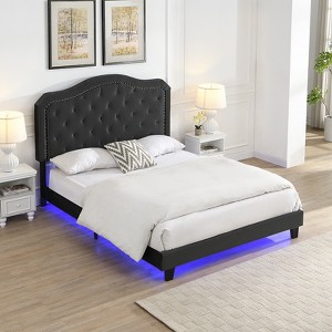 DOMETOUR Queen Upholstered Bed - Button Tufted Curve Design - Wood Slat Support - Easy Assembly - Black Velvet with LED Light - Platform Bed - 1 of 4