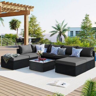 8-Piece Outdoor Patio Conversation Set, Wicker Patio Couch Sectional Sofa Set with Cushions, Ottoman and Coffee Table – Cuddlewood