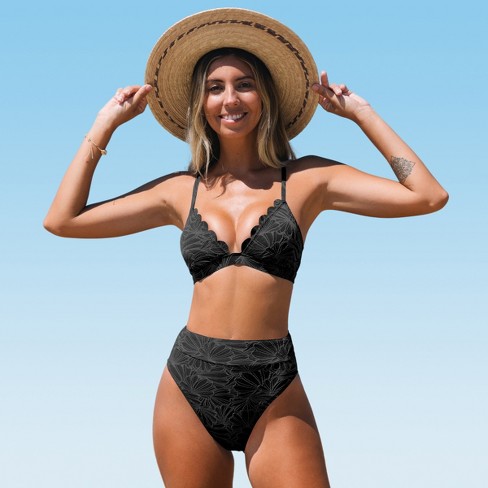  CUPSHE Women's Bikini Sets Two Piece Swimsuit High Waisted V  Neck Twist Front Adjustable Spaghetti Straps Bathing Suit, XS Black :  Clothing, Shoes & Jewelry