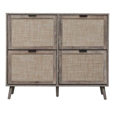 NicBex 41.34 Inch Freestanding Modern Shoe Cabinet with 4 Rattan Flip Drawers and Pine Legs for Hallway,Living Room and Entryway