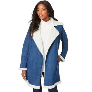 Roaman's Women's Plus Size High Pile Fleece-Lined Denim Jacket - 1 of 4