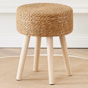 KTMBDW Round Ottoman Footstool Natural Seagrass Foot Stool Pouf Ottomans with Solid Wood Legs Hand Weave Hyacinth Footrest Step Stool for Living Room - 1 of 4