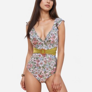 Anna-Kaci Swim Women's One Piece Swimsuit with Floral Print Ruffle Straps Belted Waist and Deep V Neckline - 1 of 4