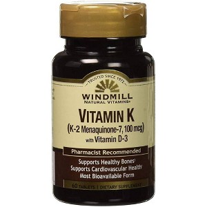 Windmill Vitamin K-2 100 mcg with D-3 Bone Strength, Calcium Absorption & Heart Health Support, 60 Tablets - 1 of 4