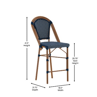 Navy and White PE Rattan Bistro Counter Stools with Bamboo Metal Frame, Set of Two