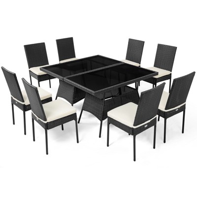 Tangkula 10PCS Rattan Dining Set Cushioned Chair Table w/ Glass Top Furniture Patio