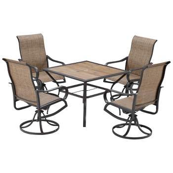 Outsunny 5 Piece Garden Patio Dining Furniture, Outdoor Conversation Set, Dinner Table with Umbrella Hole, 4 Rocking Swivel Chairs, Coffee Bean Brown