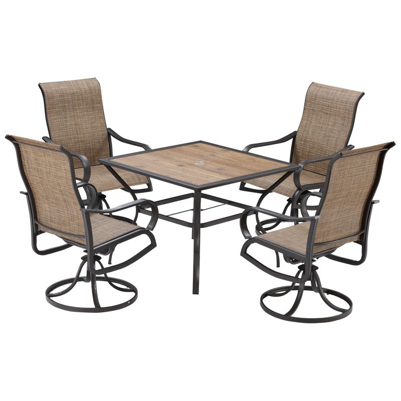 Outsunny 5 Piece Garden Patio Dining Furniture, Outdoor Conversation Set, Dinner Table with Umbrella Hole, 4 Rocking Swivel Chairs, Coffee Bean Brown, 1 of 7