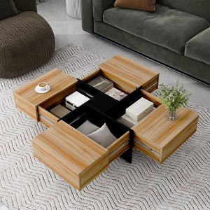 KTMBDW Unique Design Coffee Table with 4 Hidden Storage Compartments, Square Cocktail Table with Extendable Sliding Tabletop for Living Room, Natural - 1 of 4