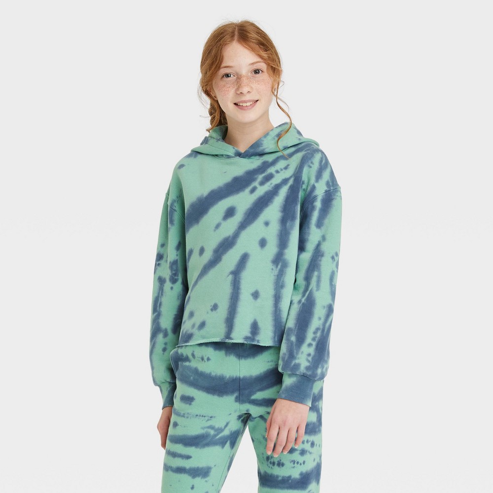 Size XXL Kids' Fleece Raw Edge Boxy Cropped Hoodie - art class Blue/Green 