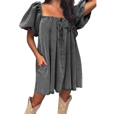 EXLURA Womens Summer Denim Short Puff Sleeve Dresses Knit Loose Plus Size Short Mini Dress 2025 Trendy Outfit