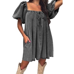 EXLURA Womens Summer Denim Short Puff Sleeve Dresses Knit Loose Plus Size Short Mini Dress 2025 Trendy Outfit - 1 of 4