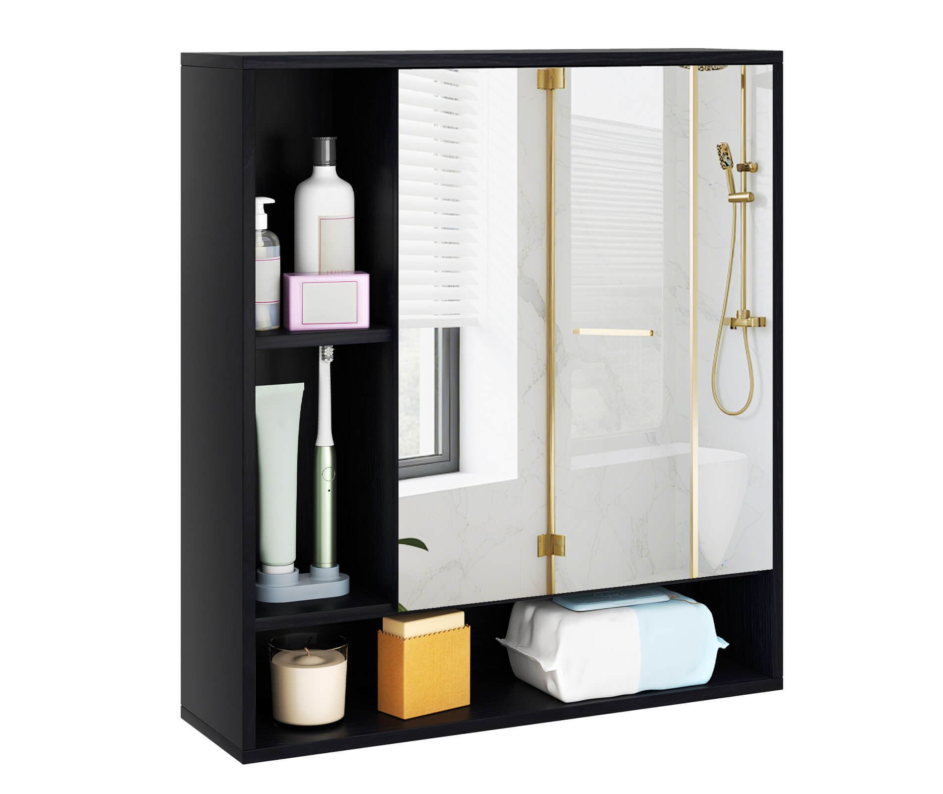 Costway Bathroom Wall Cabinet with Mirror, Single Door, 3 Open Shelves & Adjustable Shelf White/Walnut/Natural/Black