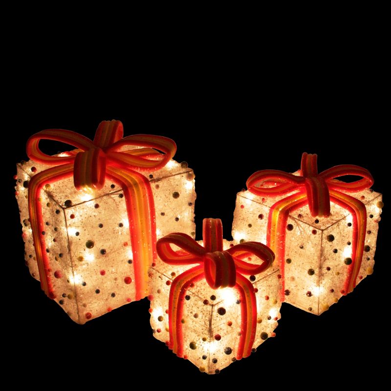 Northlight Set of 3 White Lighted Gift Boxes with Bows and Candy Christmas Outdoor Decor 11", 2 of 4