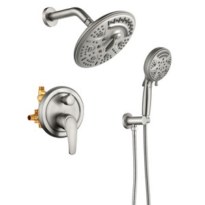 Cobbe Brushed Nickel Shower Faucet Combo Kit with 8-Inch Round 6 Settings Shower Head and 9 Settings Handheld Shower Single Handle with 59-Inch Hose - 1 of 4