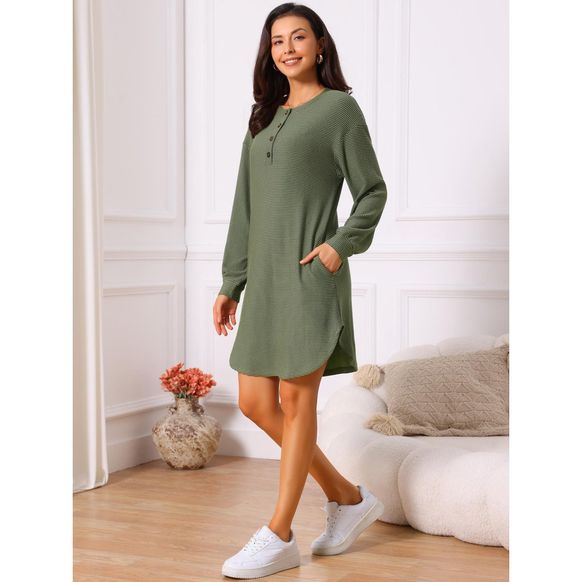 Женские платья INSPIRE CHIC Women's Long Sleeve Button Down Unique Wavy Texture Tunic Casual Dress Green Medium — фото 2