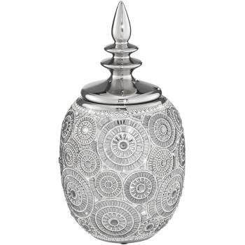 Dahlia Studios Silver Geometric Circles 13" High Ceramic Decorative Jar with Lid