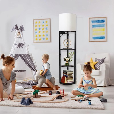 Floor lamp with Shelves, Smart RGB Shelf Floor Lamp with 2 USB Ports & 1 Power Outlet, Display for Bedroom,Living Room, and Office - Classic Black