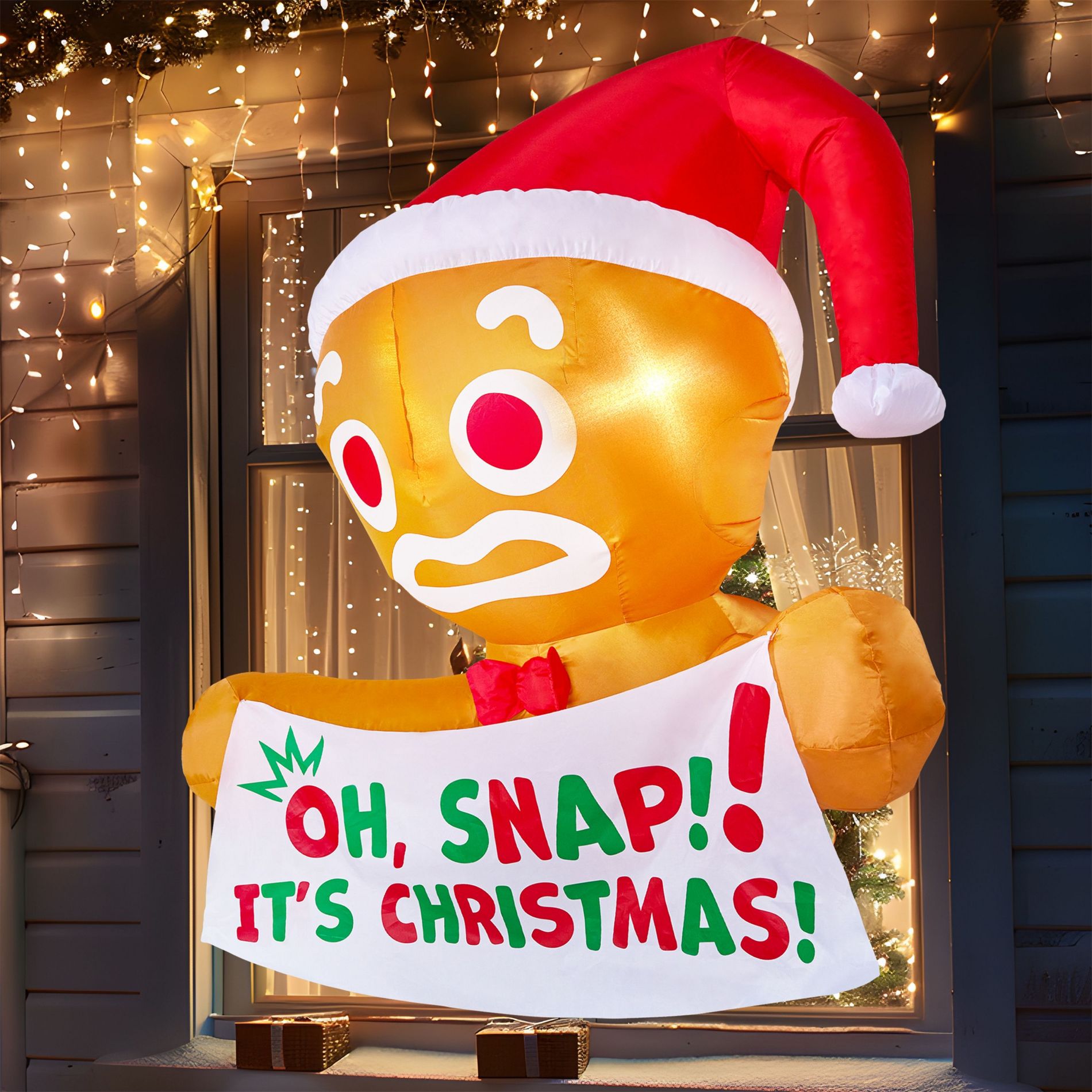 Joyfy 3.5 FT Christmas Inflatable Decoration, Gingerbread Man/Santa Elf Broke Out from Window Inflatable with LEDs for Xmas Holiday Outdoor Yard Decor