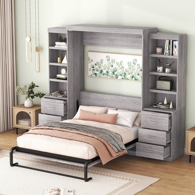 NicBex Full Size Murphy Bed 101.4" Wooden Bed Frame Morden Hideaway Wall Bed with 2 Side Storage Shelf and 8 Drawers for Apartment, Gray