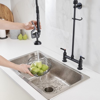 BWE Commercial Restaurant Pull-Down Dual Handle Countertop Flush Spray Utility Kitchen Faucet 8 Inch