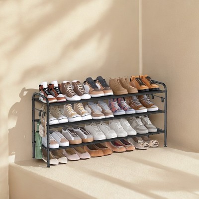 Shoe Rack, 3-Tier Shoe Organizer, Metal Shoe Shelf Storage with 4 Side Hooks,  Easy Assembly, 11"D x 44.9"W x 20.8"H