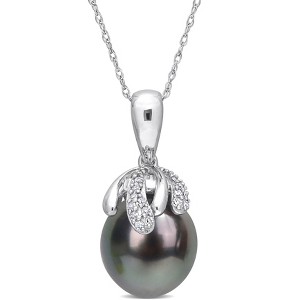 EVERLY JEWELRY | 14K White Gold 9-10mm Black Tahitian Cultured Pearl & Diamond Accent Pendant with Chain - 17 inch - 1 of 4