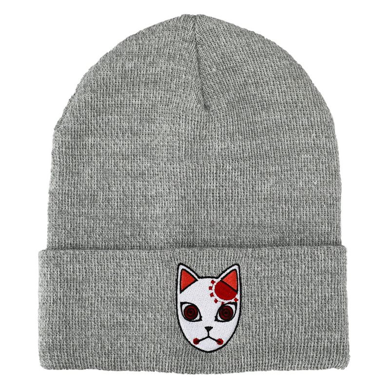 Demon Slayer Tanjiro Fox Mask Athletic Heather Skull Knitted Embroidered Cuffed Winter Beanie, 1 of 4