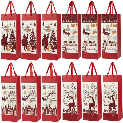 Juvale 12-Pack Christmas Paper Wine Gift Bags with Satin Handles, 4 designs 4x5x13.5 In
