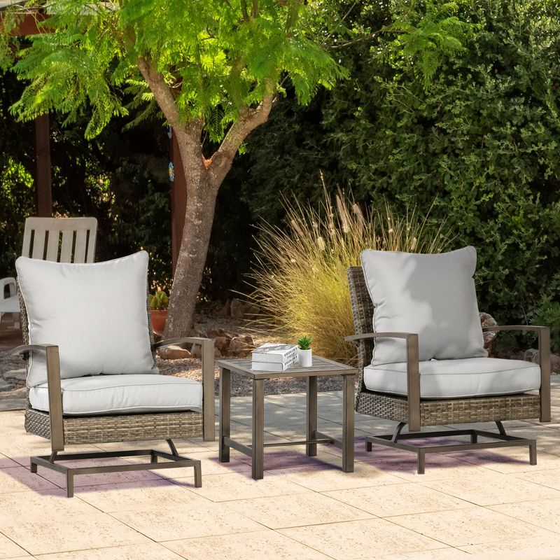 Outsunny 3-Piece Patio Bistro Set, PE Rattan Wicker Outdoor Furniture with Soft Cushions, 2 Rocking Chairs, Slatted Coffee Table, 2 of 7