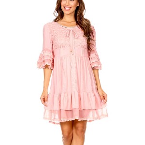 Anna-Kaci Women's Boho Peasant Floral Lace Ruffle Hem Bell Sleeve Mini Dress for Daily Wear - 1 of 4
